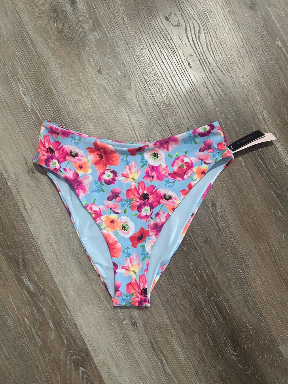 Victoria’s Secret Floral High-Waist Bikini Bottoms - Light Blue with Pink Flower